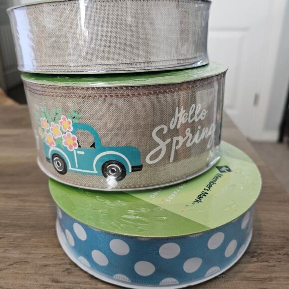 Members Mark Ribbon 50 Yards Wired Spring 1.5" 2.5" 3 Set Blue Truck Polka Dot B - Picture 3 of 7